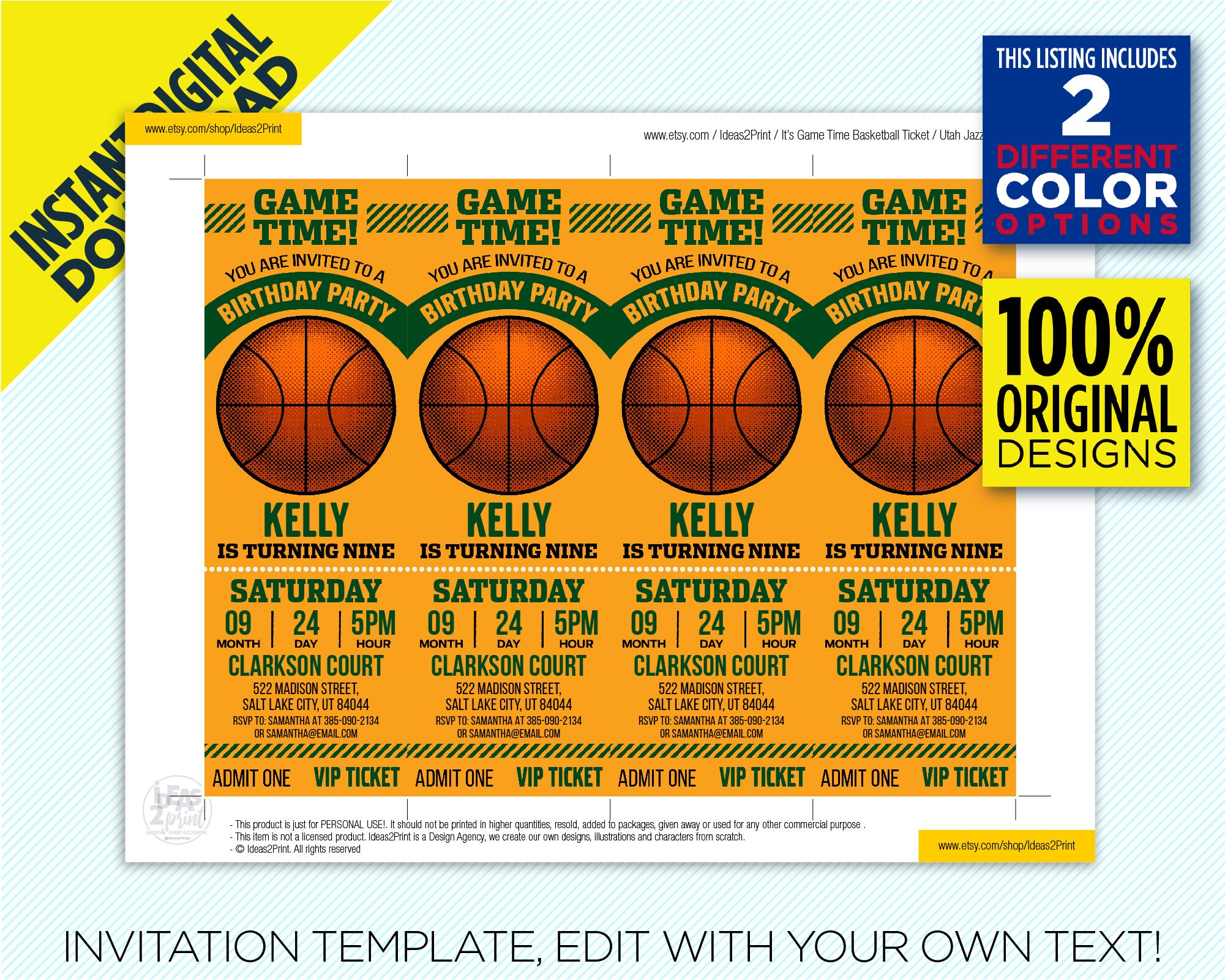 Utah Jazz Ticket Printable Invitation Green & Yellow Utah Etsy