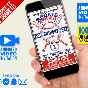 Rookie Of The Year Baseball Birthday Party Video Invitation, Baseball Animated Invitation, First Birthday, We Edit It, You Share It