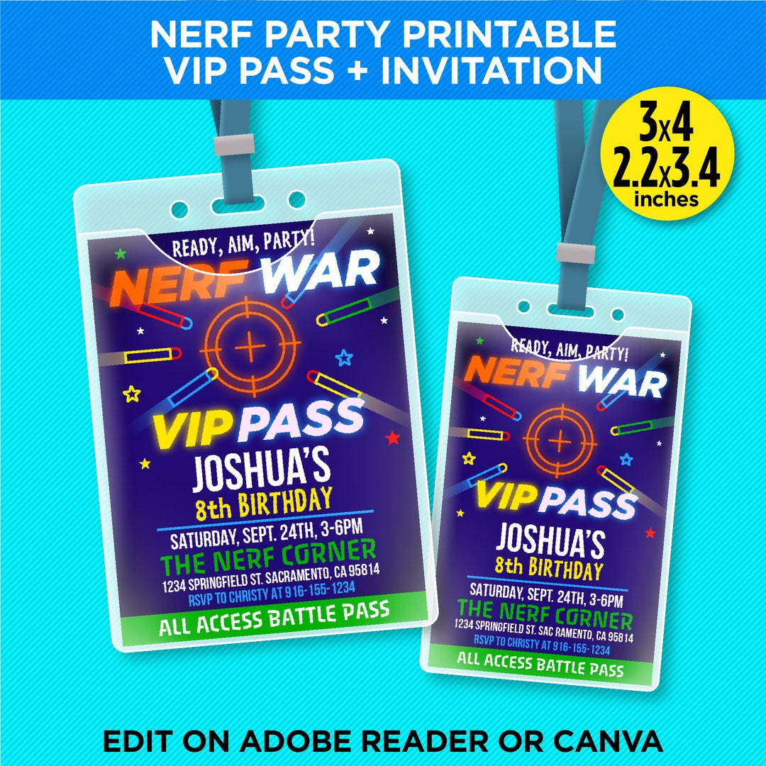 Nerf Party Printable VIP Pass   Invitation Nerf War VIP Pass Template