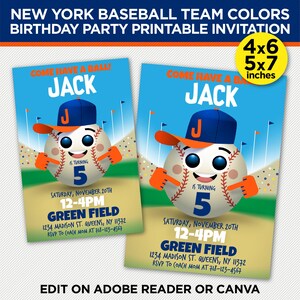 Op de afbeelding: Printbare verjaardagsuitnodiging met een cartoon-honkbal met een glimlachend gezicht dat een blauwe en oranje honkbalpet draagt. De uitnodiging is voor een jongen genaamd Jack die 5 jaar wordt en bevat de tekst "Kom en doe mee!" en details voor een honkbalfeest. De uitnodiging is verkrijgbaar in de formaten 4x6 en 5x7 inch.
