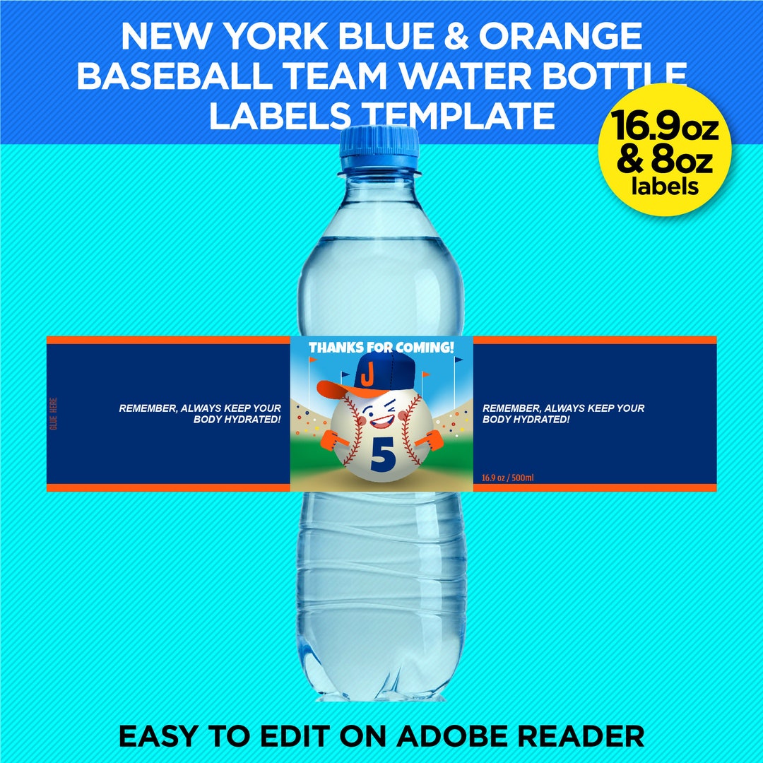 New York Blue & Orange Baseball Team Party Water Bottle Labels NY