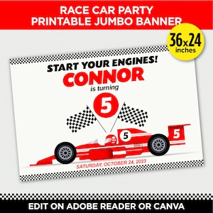 Race Car Birthday Party Printable Jumbo Banner Template | 36 X 24&quot; | EDIT YOURSELF At Home With Adobe Reader or Canva