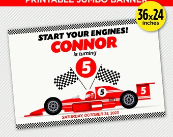 May include: A printable race car party banner for a 5th birthday. The banner is red, white and black with a chequered flag design. It features a red race car with the number 5 on it. The banner says "Start your engines! Connor is turning 5" and "Saturday, October 24, 2023". The banner is 91.44 cm by 60.96 cm.