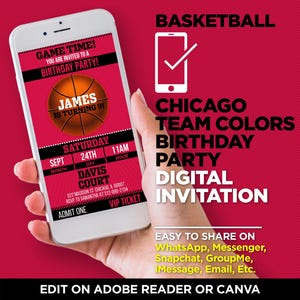 Invito digitale per la festa di compleanno con i colori della squadra di basket di Chicago - Invito rosso e nero - MODIFICA con Adobe Reader o Canva, condividi su WhatsApp