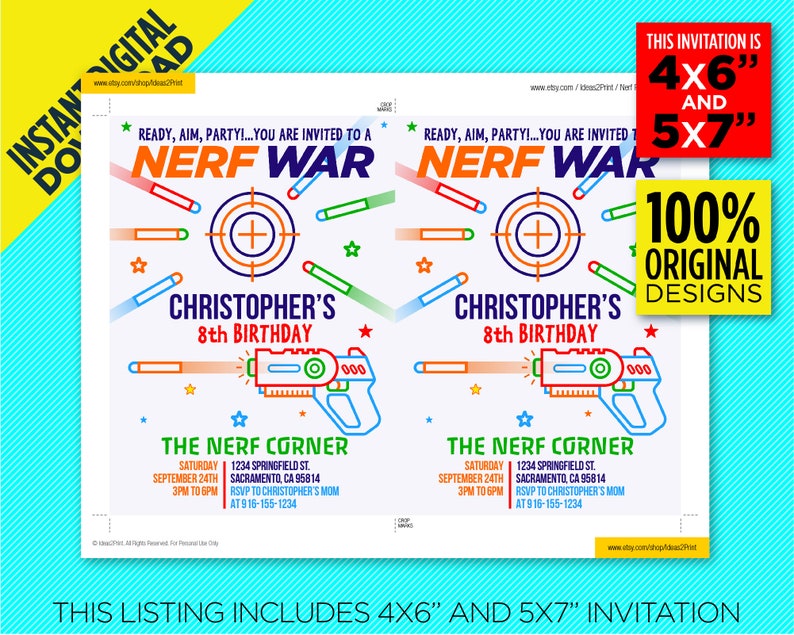 Nerf Party Printable Invitation Nerf War Birthday Party - Etsy
