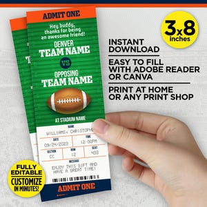 Denver Colors Football Team Printable Surprise Game Ticket | Orange & Navy Gift Reveal Template | EDIT With Adobe Reader Or Canva