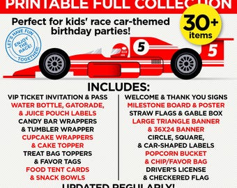 May include: A red race car with the number 5 on the side. The car is on a white background with the text "Race Car Birthday Party Printable Full Collection" and "Perfect for kids' race car-themed birthday parties!" in black text. The text "Includes:" is in black text and lists a variety of printable items for a race car themed birthday party. The text "30+ items" is in yellow text on a black circle.