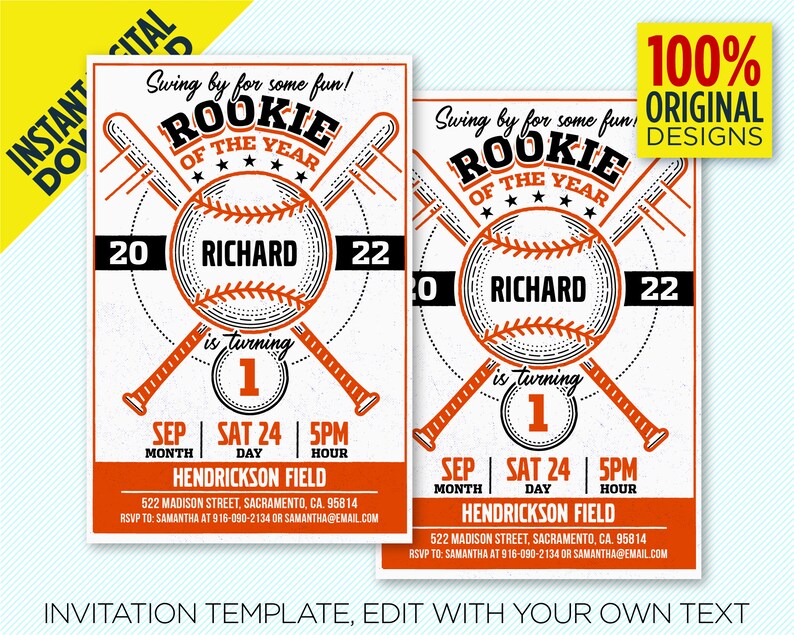 Red Black Rookie Of The Year Baseball Birthday Party Invitation Vintage Baseball Party Instant Digital Download Edit Yourself