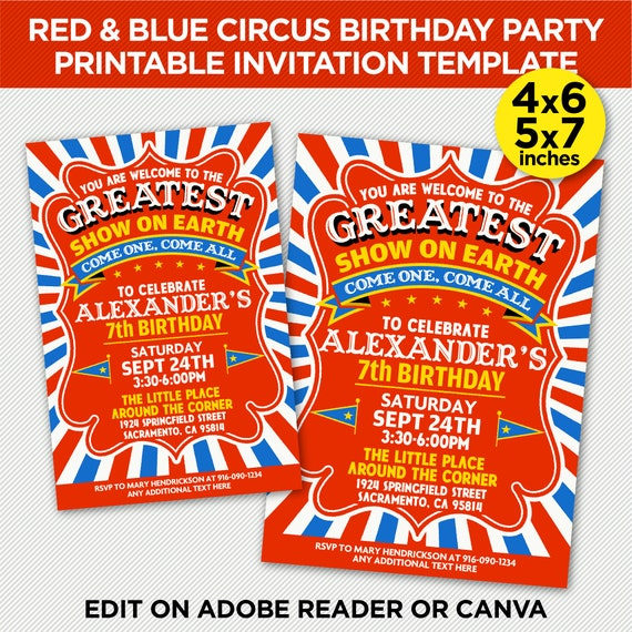 Red & Blue Circus Birthday Party Printable Invitation - Greatest Show On Earth Invite Template -  EDIT With Adobe Reader Or Canva