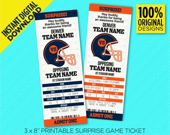 Denver Football Team Vintage Surprise Game Ticket - Orange & Navy Football Gift Printable Template - Instant Download - EDITABLE At Home