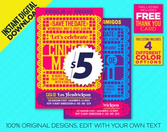 Cinco De Mayo Party Invitation, 4 Different Color Options, Cinco de Mayo Invite - Instant Digital Download, Edit Yourself, Printable Design