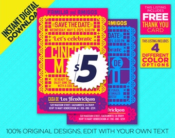 Uitnodiging voor feest Cinco De Mayo, 4 verschillende kleuropties, Cinco de Mayo Invite - Instant digitale download, bewerk jezelf, afdrukbaar ontwerp