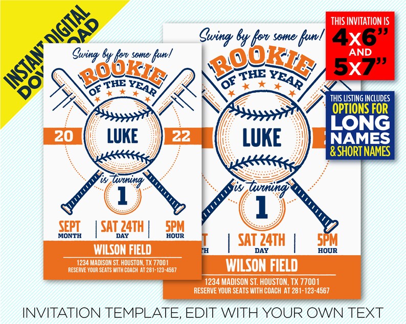 Houston Astros Rookie Of The Year Birthday Party Printable Invitation 1st Birthday Little Slugger Birthday EDIT YOURSELF