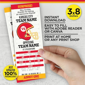 Kansas City Colors Football Team Printable Surprise Game Ticket | KC Football Gift Reveal Template | EDIT With Adobe Reader Or Canva