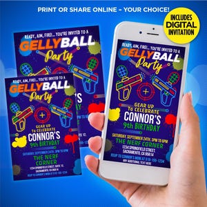 Szablon zaproszenia na przyjęcie urodzinowe Gelly Ball do edycji | Zaproszenie do druku + cyfrowe na paintball | Łatwe do edycji za pomocą programu Adobe Reader lub Canva