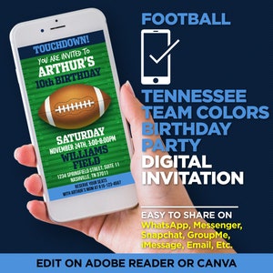 Tennessee Colors Football Team Birthday Party Digital Invitation - Navy & Blue Evite - EDIT With Adobe Reader Or Canva, Share On WhatsApp