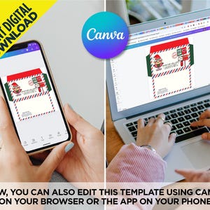 Op de afbeelding: Een digitaal sjabloon voor een kerstkaart met een cartoon-elf met een rode muts en een groene en rode gestreepte rand. Het sjabloon wordt weergegeven op het scherm van een smartphone en een laptop. De tekst "NOW, YOU CAN ALSO EDIT THIS TEMPLATE USING CANVA ON YOUR BROWSER OR THE APP ON YOUR PHONE" wordt onderaan de afbeelding weergegeven.
