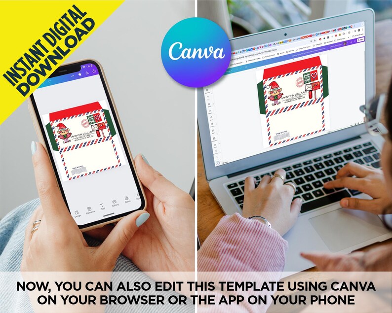 Op de afbeelding: Een digitaal sjabloon voor een kerstkaart met een cartoon-elf met een rode muts en een groene en rode gestreepte rand. Het sjabloon wordt weergegeven op het scherm van een smartphone en een laptop. De tekst "NOW, YOU CAN ALSO EDIT THIS TEMPLATE USING CANVA ON YOUR BROWSER OR THE APP ON YOUR PHONE" wordt onderaan de afbeelding weergegeven.