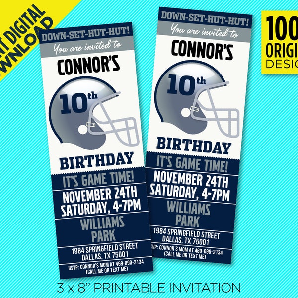 Dallas Football Team Birthday Party Printable Ticket Invitation - Dallas Colors Invite Template - EDIT YOURSELF At Home With Adobe Reader