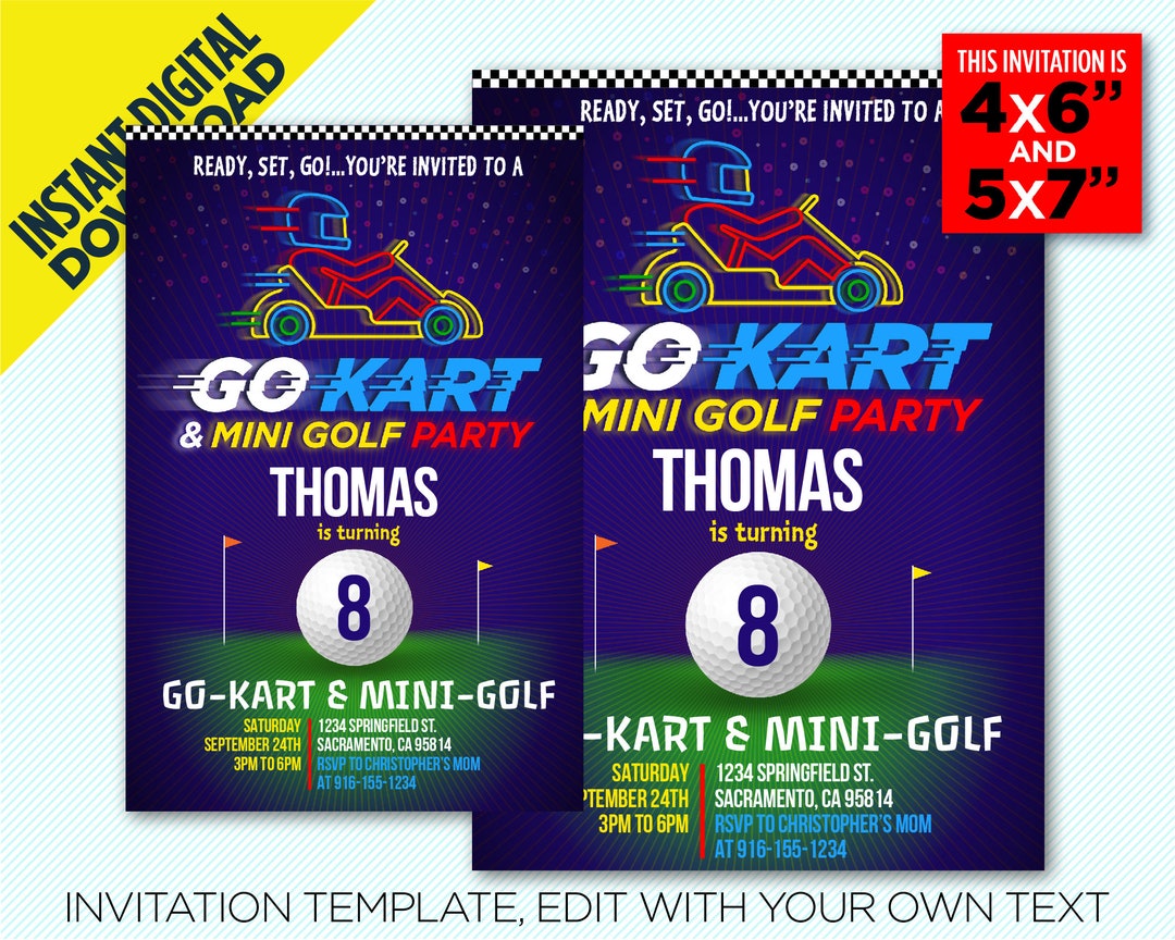 Go Kart & Mini Golf Party Printable Invitation, Boys and Girls Go Kart