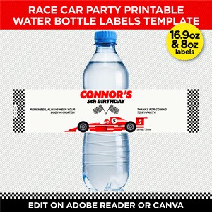 May include: Printable water bottle labels for a race car themed party. The labels feature a red race car with a checkered flag background and the text "Connor's 5th Birthday". The labels are available in 16.9 oz and 8 oz sizes.