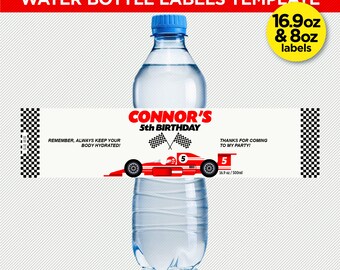 May include: Printable water bottle labels for a race car themed party. The labels feature a red race car with a checkered flag background and the text "Connor's 5th Birthday". The labels are available in 16.9 oz and 8 oz sizes.