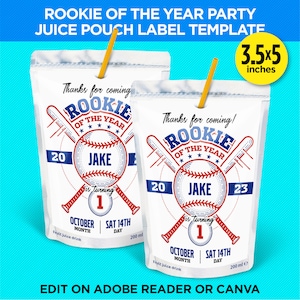 Puede incluir: Una plantilla imprimible para una etiqueta de bolsa de jugo con temática de béisbol. La etiqueta es blanca con acentos azules y rojos y dice "Rookie of the Year" con una pelota de béisbol y bates cruzados. El texto "Jake está cumpliendo 1 año" también está incluido, junto con la fecha "14 de octubre". La etiqueta mide 3,5 pulgadas por 5 pulgadas.