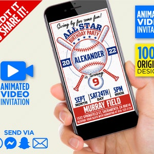 Red & Blue All-Star Baseball Birthday Party Video Invitation, We Edit It, You Share It On WhatsApp, Messenger, Snapchat, GroupMe, Etc.