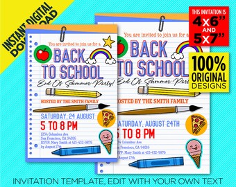 Terug naar school 4 x 6"/5 x 7" afdrukbare uitnodiging voor feest, einde van de zomerfeest, zomer is voorbij, instant digitale download, bewerk jezelf thuis