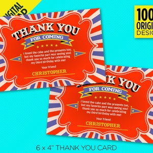 Circus Thank You Card 6 x 4&quot; Birthday Party, Carnival Thank You Card, Instant Digital Download, Edit Yourself At Home With Adobe Reader