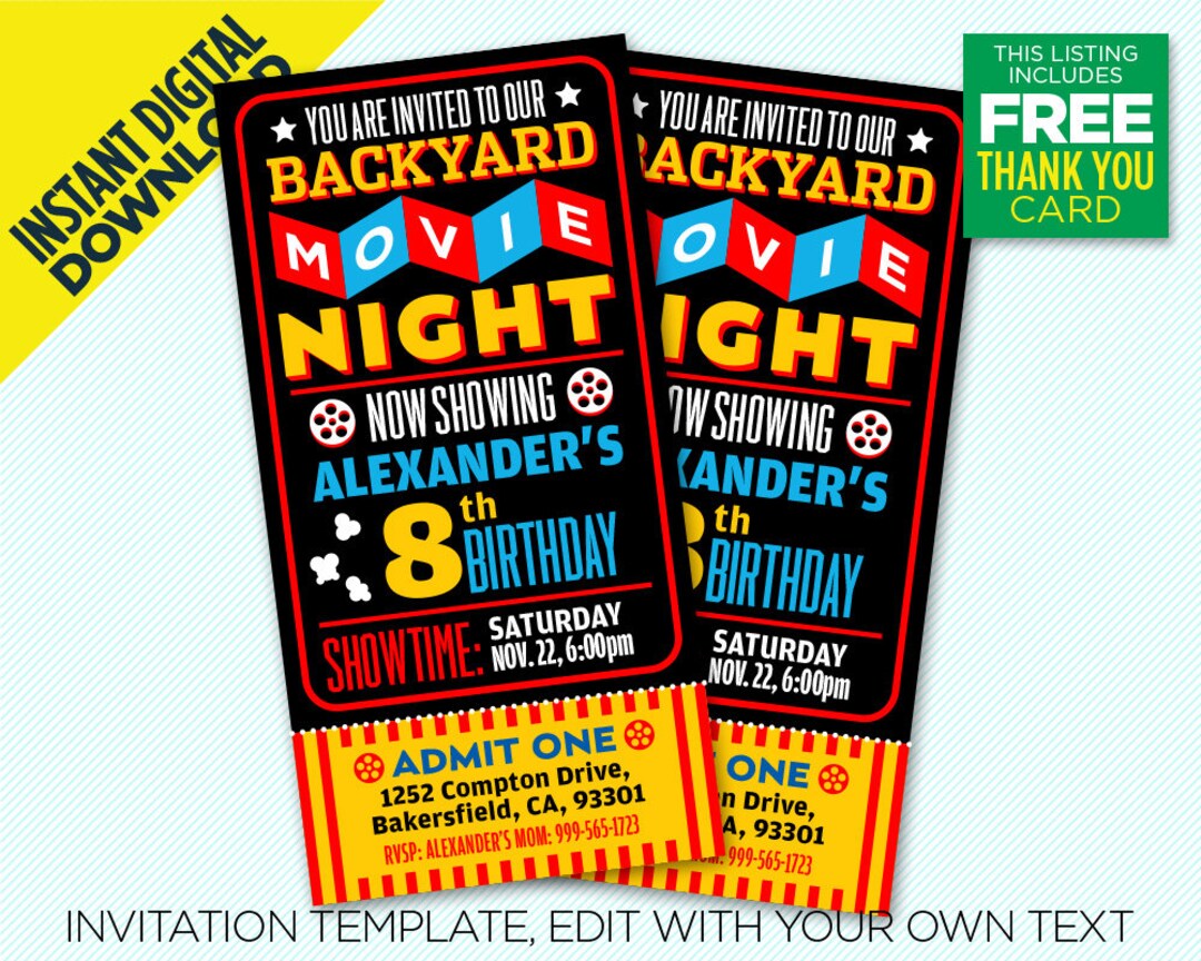 Backyard Movie Night Party Invitation, Movie Night Birthday Party ...