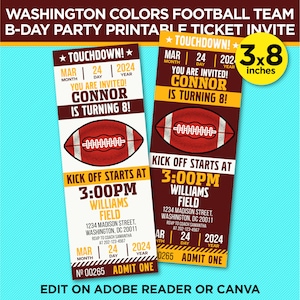 Washington Colors Football Team Geburtstagsparty Druckbare Einladung - Burgund & Gold Ticket - BEARBEITEN Zu Hause mit Adobe Reader oder Canva