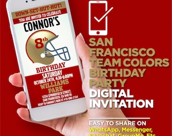 San Francisco Football Team Colors Birthday Party Digital Invitation - EDIT YOURSELF With Adobe Reader Or Canva, Share On WhatsApp