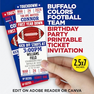 Buffalo Colors Football Team Printable Ticket Invitation - Blue & Red First Year Down Party - EDIT At Home With Adobe Reader Or Canva