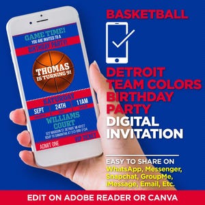 Detroit Basketball Team Colors Ticket Digitale Geburtstagsfeier-Einladung - BEARBEITEN mit Adobe Reader oder Canva, Teilen auf WhatsApp