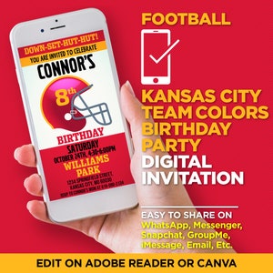 Kansas City Football Team Colors Birthday Party Digital Invitation - EDIT YOURSELF With Adobe Reader Or Canva, Share On WhatsApp