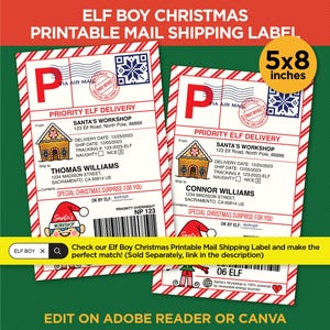 Puede incluir: Etiqueta de env&iacute;o de Navidad imprimible de 12,7 x 20,3 cm con un fondo a rayas rojo y blanco, una casa de jengibre y el texto "Priority Elf Delivery" y "Santa's Workshop". La etiqueta incluye campos para el remitente, el destinatario, la fecha de entrega, la fecha de env&iacute;o, el n&uacute;mero de seguimiento y una casilla de verificaci&oacute;n para "naughty" o "nice".