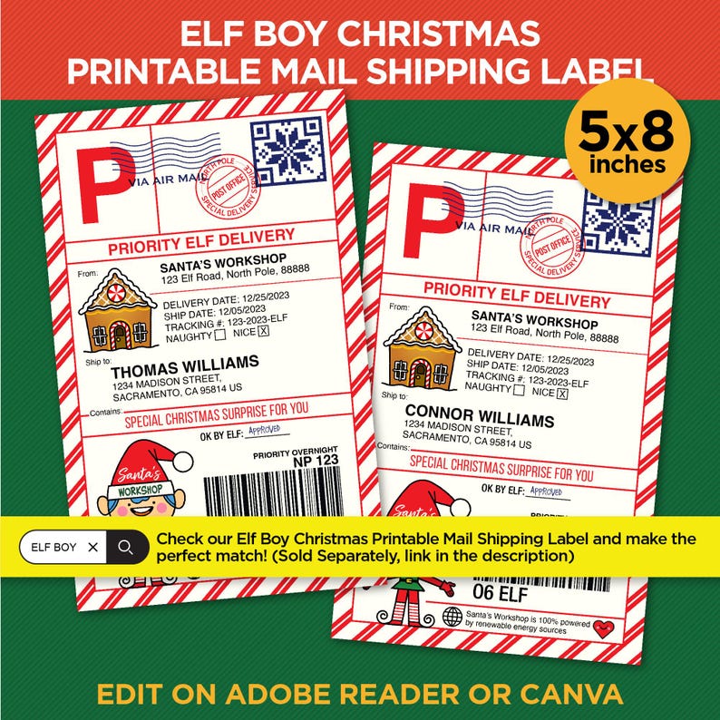 Puede incluir: Etiqueta de env&iacute;o de Navidad imprimible de 12,7 x 20,3 cm con un fondo a rayas rojo y blanco, una casa de jengibre y el texto "Priority Elf Delivery" y "Santa's Workshop". La etiqueta incluye campos para el remitente, el destinatario, la fecha de entrega, la fecha de env&iacute;o, el n&uacute;mero de seguimiento y una casilla de verificaci&oacute;n para "naughty" o "nice".