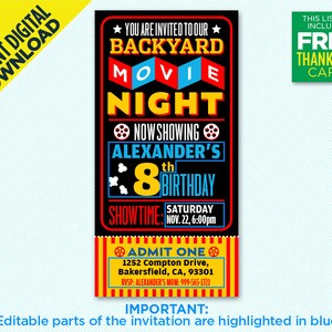 Backyard Movie Night Party Invitation, Movie Night Birthday Party ...