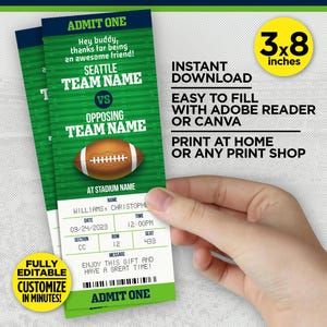 Seattle Colors Football Team Printable Surprise Game Ticket | Navy & Green Gift Reveal Editable Template | EDIT With Adobe Reader Or Canva