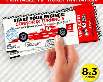 May include: Printable VIP ticket invitation for a race car themed birthday party. The invitation features a red race car with the text "Start Your Engines! Connor is turning 5. Race on over to our place for a racin' good time!" The invitation is 8x3 inches.