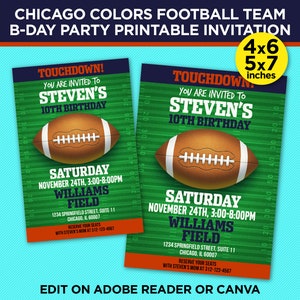 Chicago Colors Football Team Birthday Party Printable Invitation - Navy & Orange Invite Template - EDIT YOURSELF With Adobe Reader Or Canva