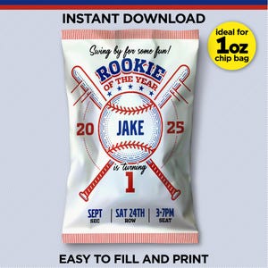 Rookie des Jahres druckbare Chip Tasche | Ideal für 1 Unze Chip Bag oder Party Favor Bag | Baseball Geburtstag | Mit Adobe Reader oder Canva bearbeiten