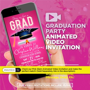 Op de afbeelding: Een roze en witte geanimeerde video-uitnodiging voor een afstudeerfeest. De uitnodiging bevat een afstudeerhoed, een rol en de tekst "Join us for a GRAD Party". De uitnodiging bevat ook de naam "Christina Williams" en de datum "Sat 21 Aug".
