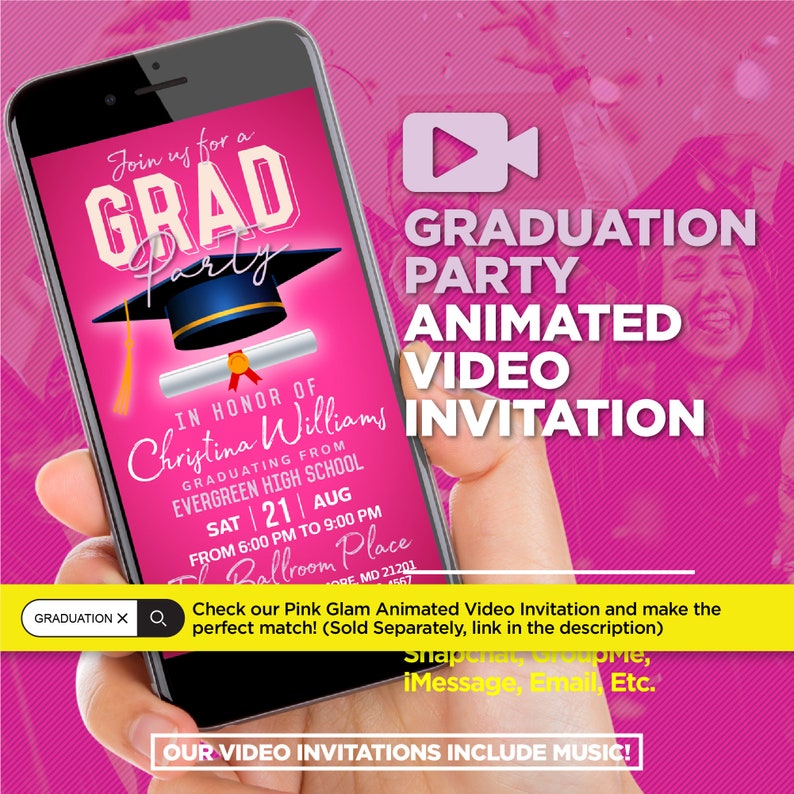 Op de afbeelding: Een roze en witte geanimeerde video-uitnodiging voor een afstudeerfeest. De uitnodiging bevat een afstudeerhoed, een rol en de tekst "Join us for a GRAD Party". De uitnodiging bevat ook de naam "Christina Williams" en de datum "Sat 21 Aug".