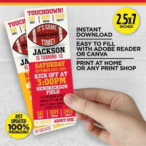 It's Game Time! Kansas City Colors Football Team Birthday Party Printable Ticket Invitation | EDIT At Home With Adobe Reader Or Canva