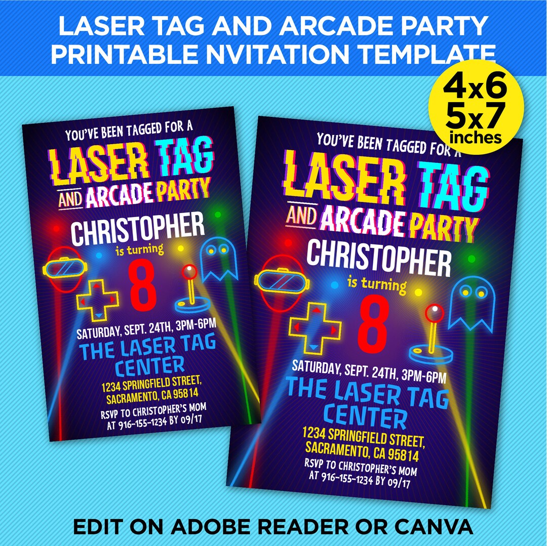 Laser Tag and Arcade Party Printable Invitation Laser Tag Birthday