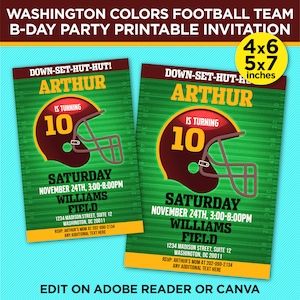 May include: Printable invitation for a 10th birthday party with a football theme. The invitation features a green and white football field with a red and white football helmet. The text on the invitation reads "Down-Set-Hut-Hut! Arthur is turning 10. Saturday, November 24th, 3:00-8:00pm Williams Field 1234 Madison Street, Suite 12 Washington, DC 20011 RSVP: Arthur's Mom at 202-090-2134 Any additional text here."