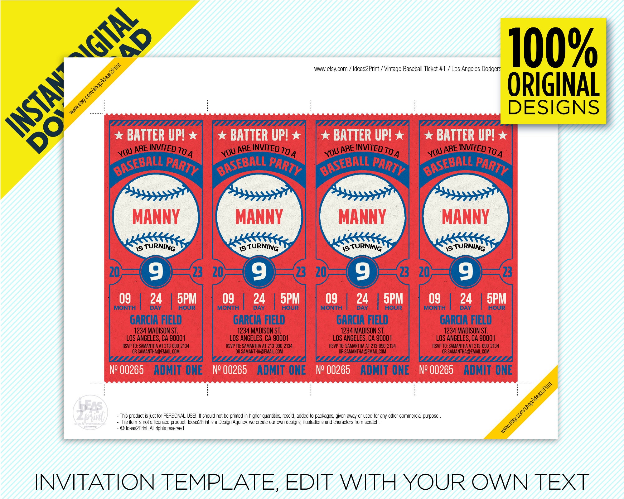Red &amp; Blue LA Dodgers Birthday Party Printable Invitation, LA Dodgers ...