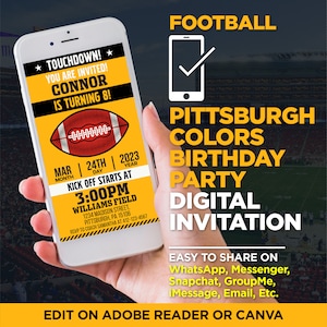 Pittsburgh Football Team Colors Birthday Party Digital Invitation | Gold & Black Evite | EDIT With Adobe Reader Or Canva, Share On WhatsApp